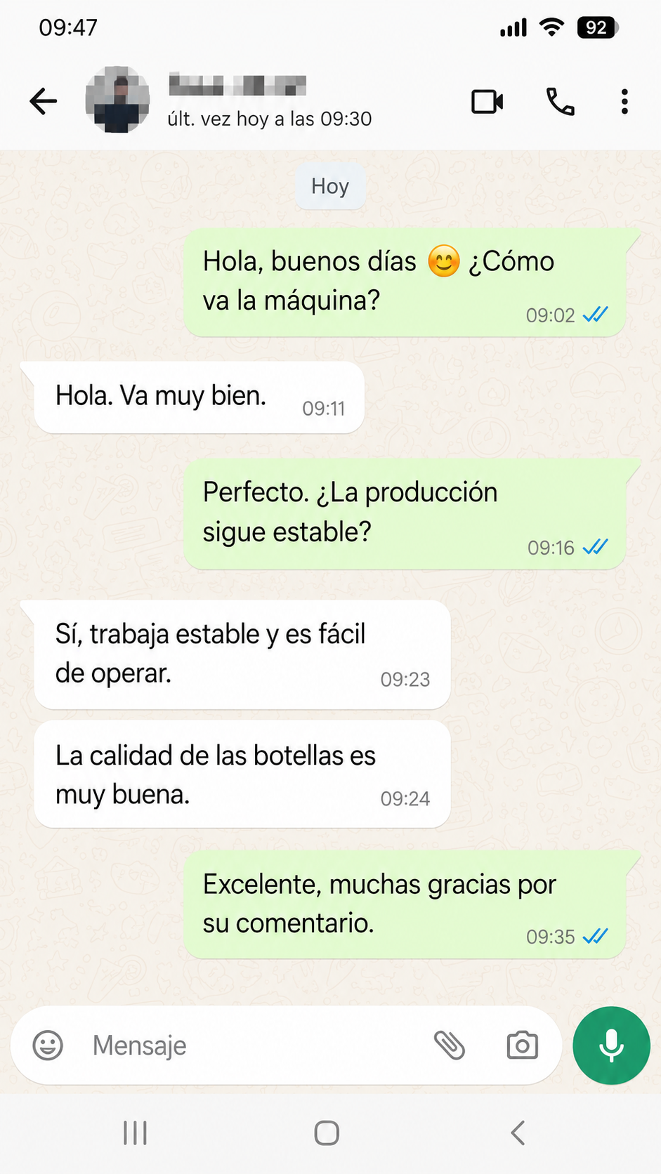 Customer chat screenshot for stable machine operation