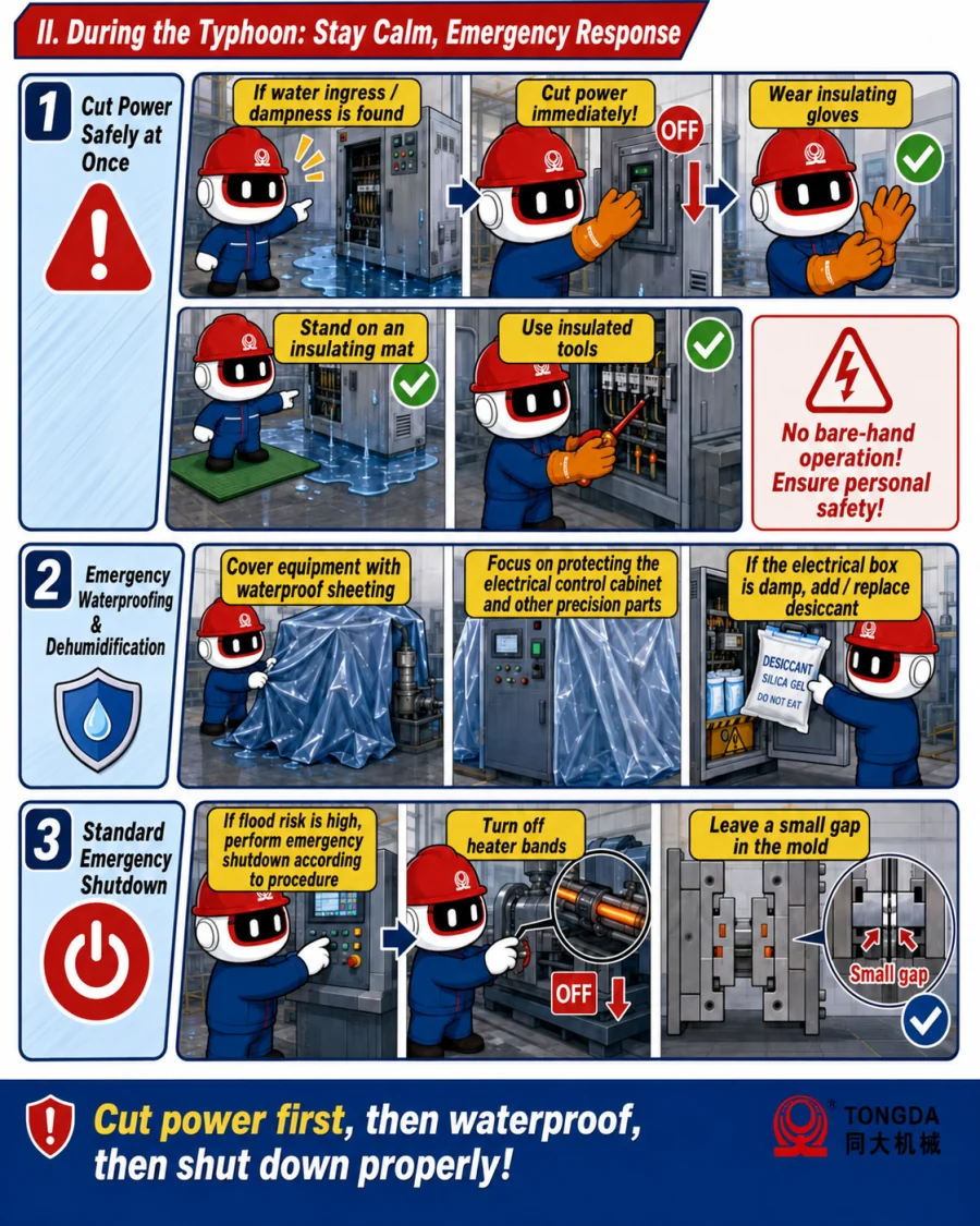 Emergency response guidance for extrusion blow molding equipment during a typhoon